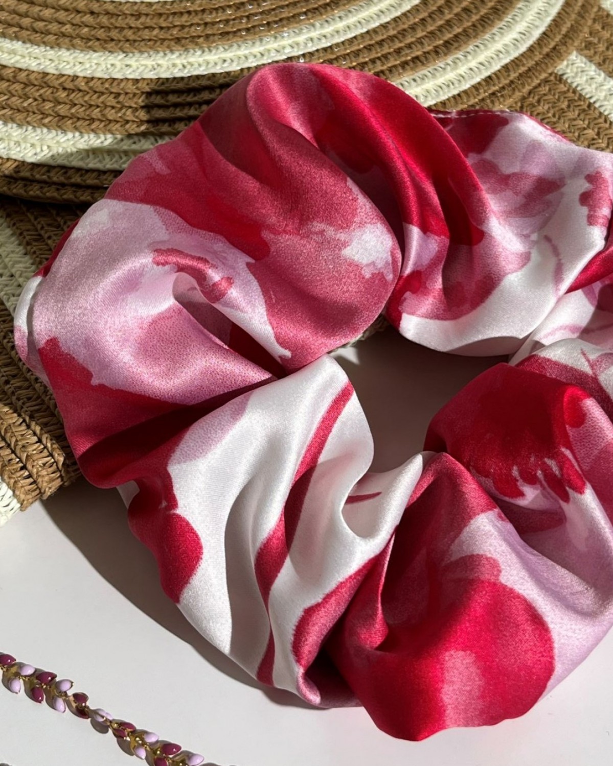 Scrunchie Σατέν Φλοράλ Hot Pink