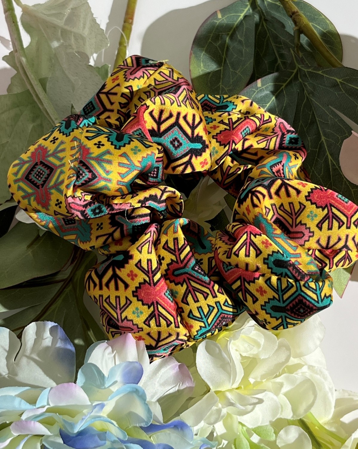 Scrunchie Σατέν Εμπριμέ Κίτρινο