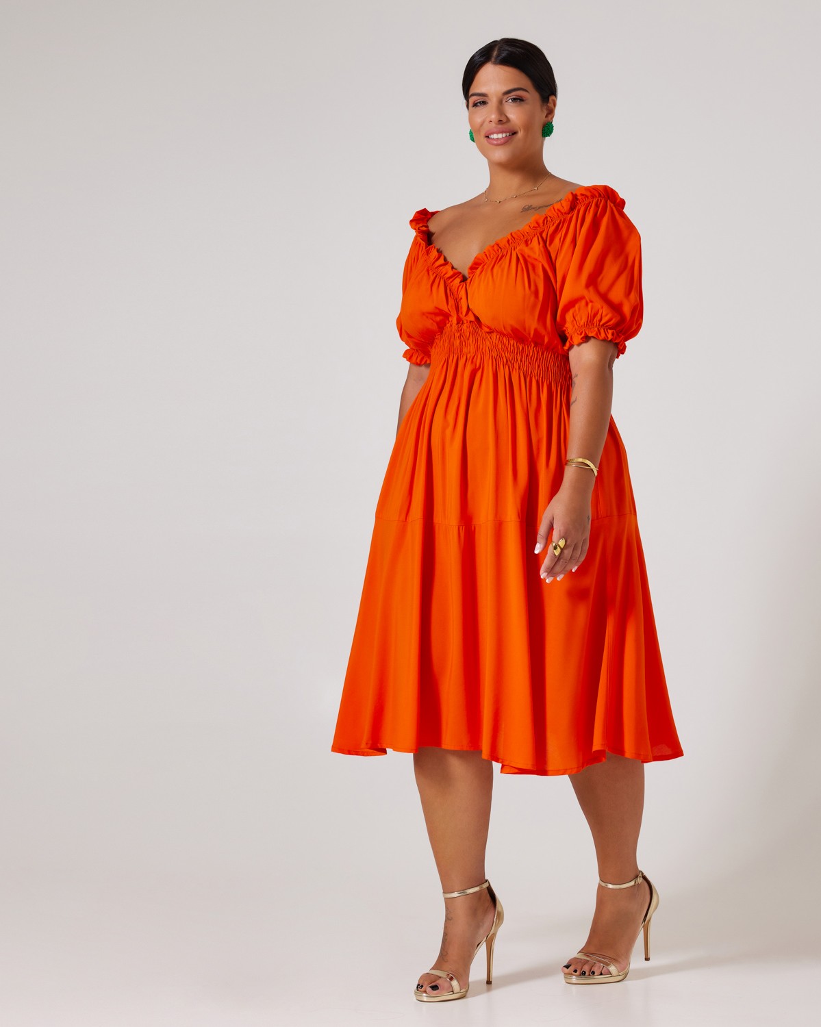 Φόρεμα Κάτω Από Το Γόνατο Με Σφηκοφωλιά Στη Μέση Πορτοκαλί