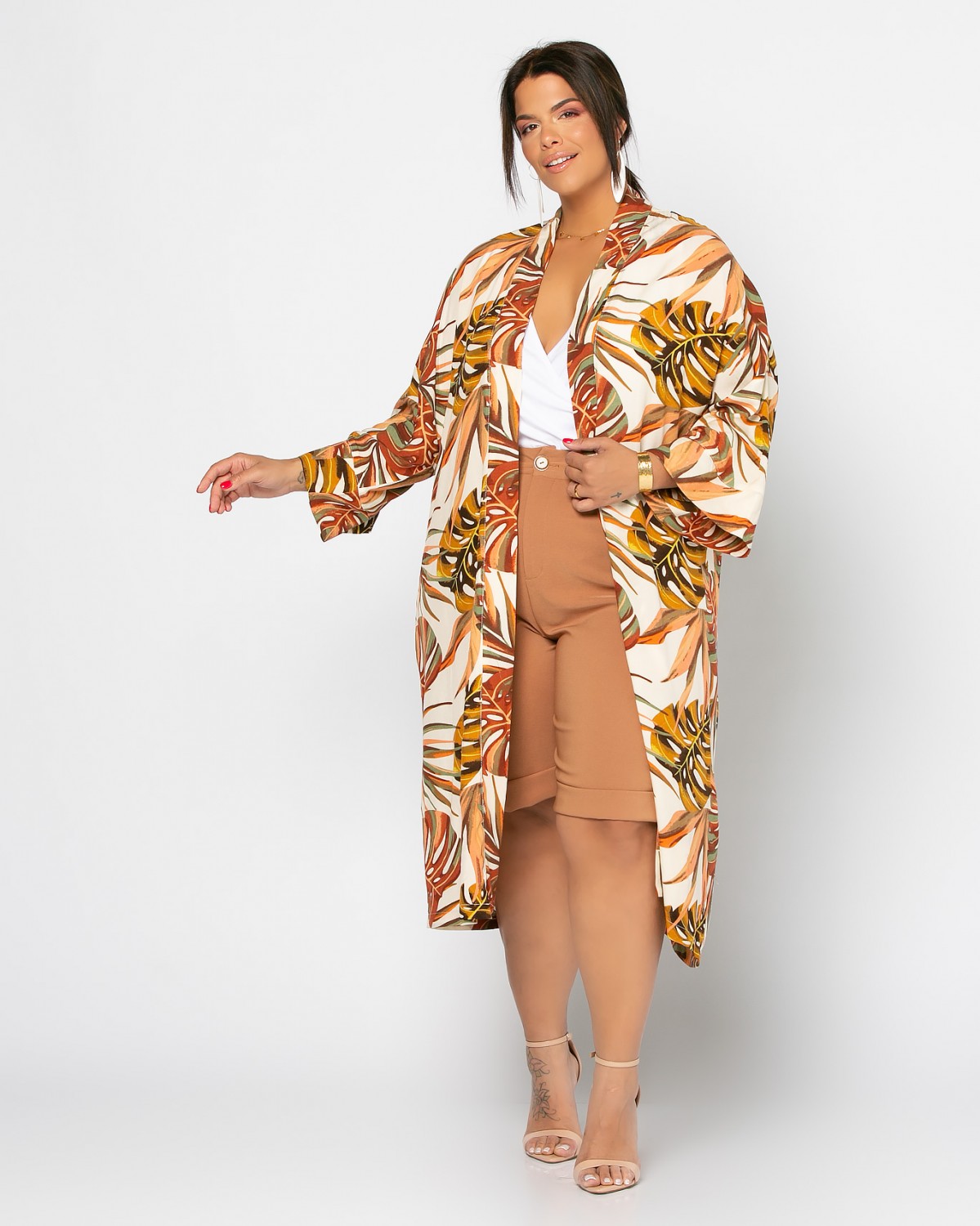 Kimono w liście, kolor beżowy