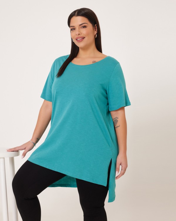Τ-Shirt Βαμβακερό Ασύμμετρο Τιρκουάζ