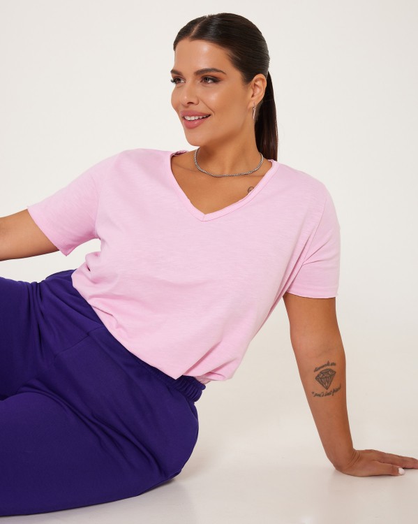 Τ-Shirt Βαμβακερό V Baby Pink