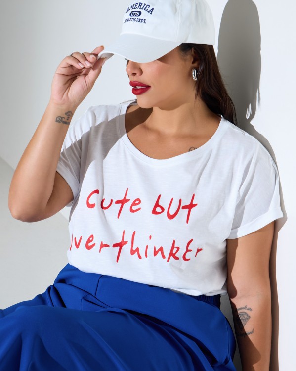 Τ-Shirt Βαμβακερό "Cute But Overthinker" Λευκό