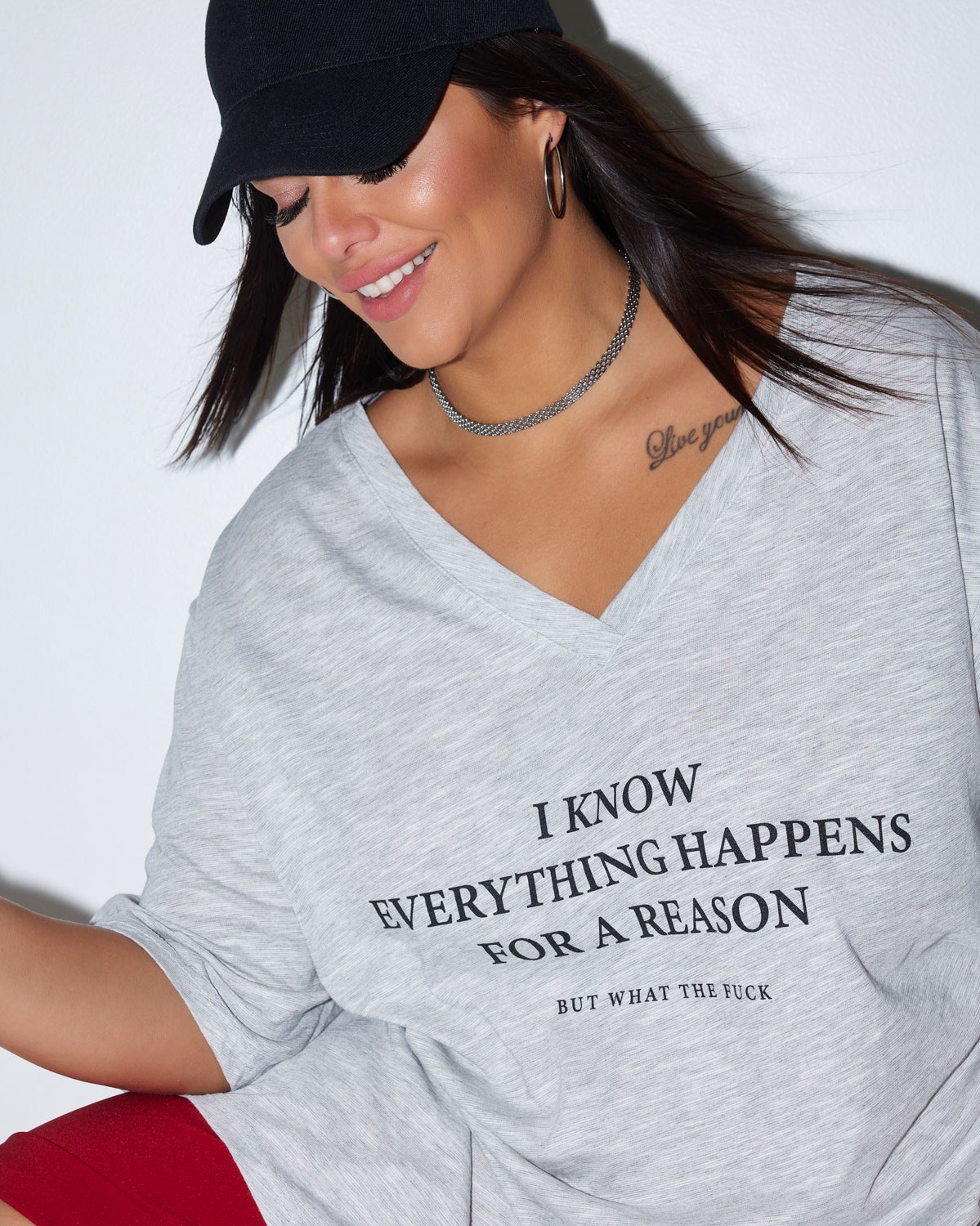 Τ-Shirt 'Everything Happens For A Reason' Γκρι Μελανζέ