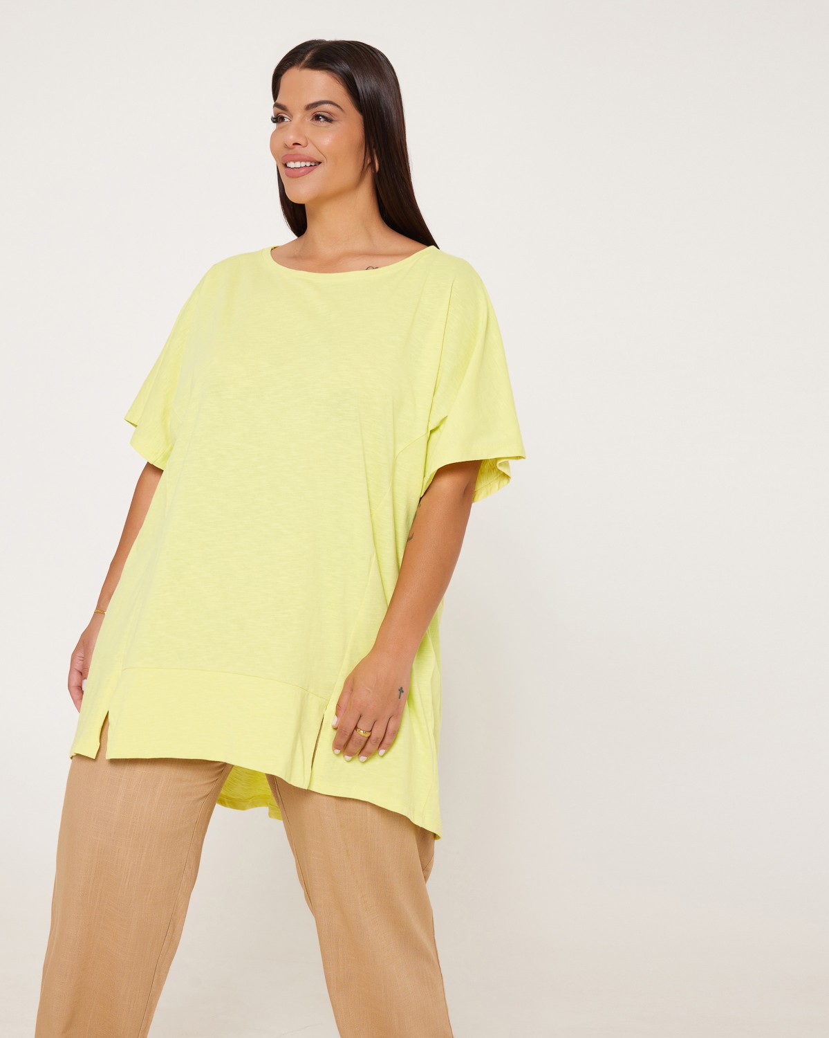 Τ-Shirt Βαμβακερό Oversized Με Σούρα Πίσω Λεμονί New