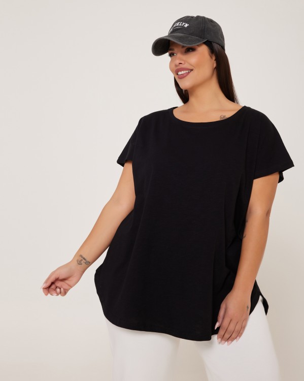 Τ-Shirt Βαμβακερό Με Καμπύλη Στο Πλάι Μαύρο