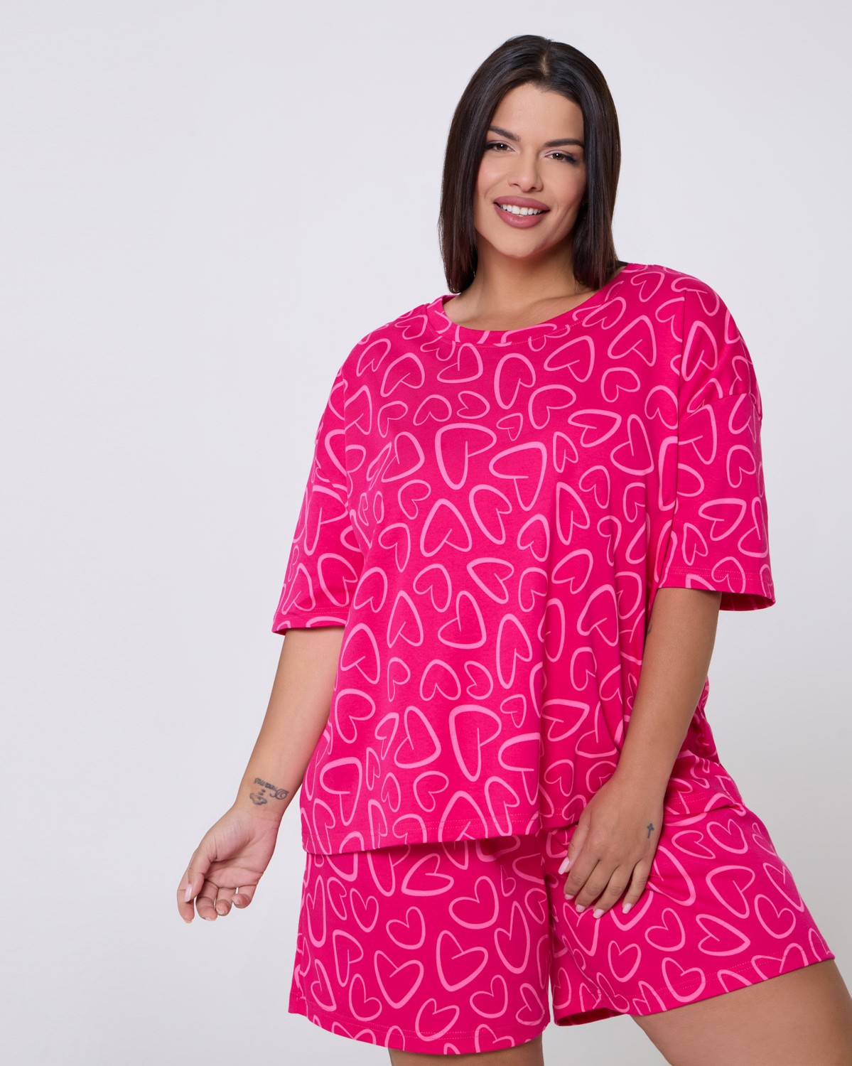 Σετ Πιτζάμα Με Καρδoύλες Hot Pink