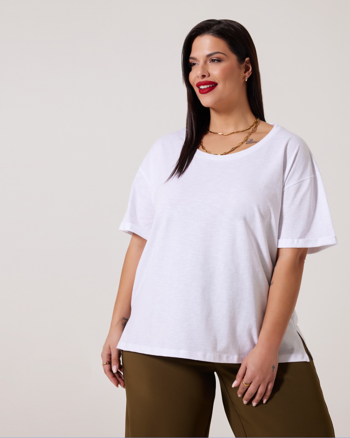 Τ-Shirt Βαμβακερό Με Μικρό Άνοιγμα Στο Πλάι Λευκό