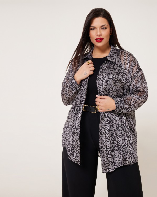 Πουκάμισο See-Through Με Τσέπη Animal Print Γκρι 